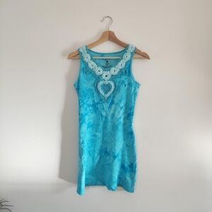 Playboy Blue Tie Dye Mini Dress w Flowers and Crochet Heart